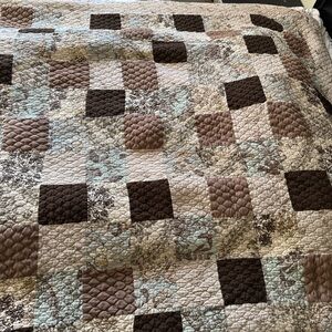 SMITH Quilted Patchwork Bedspread in Brown and Cream with Aqua Accents.